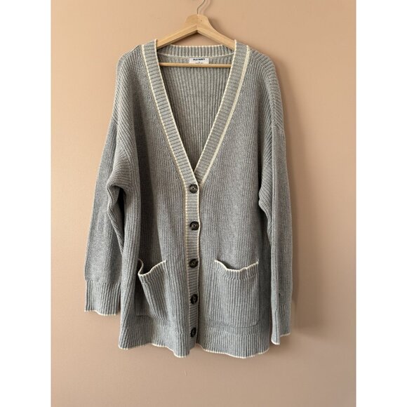 Old Navy Varsity Chunky Knit Raglan Button Down Cardigan Grey Cozy Preppy 3x - Picture 1 of 9